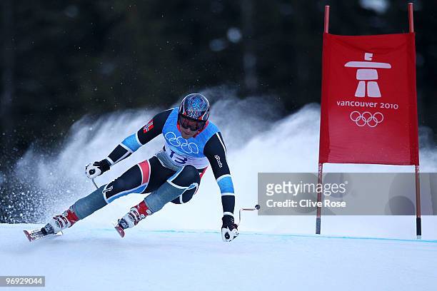 Aksel Lund Svindal of Norway competes during the Alpine Skiing Men's Super Combined Downhill on day 10 of the Vancouver 2010 Winter Olympics at...