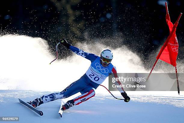 Bode Miller of the United States competes during the Alpine Skiing Men's Super Combined Downhill on day 10 of the Vancouver 2010 Winter Olympics at...