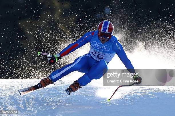 Adrien Theaux of France competes during the Alpine Skiing Men's Super Combined Downhill on day 10 of the Vancouver 2010 Winter Olympics at Whistler...