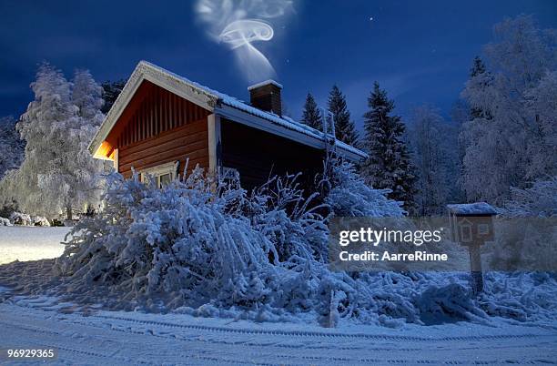 sauna in winter moonlight - sauna winter stockfoto's en -beelden