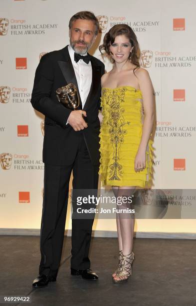 Actor Christoph Waltz with his award for Best Supporting Actor for "Inglourious Basterds" and actress Anna Kendrick during the Orange British Academy...
