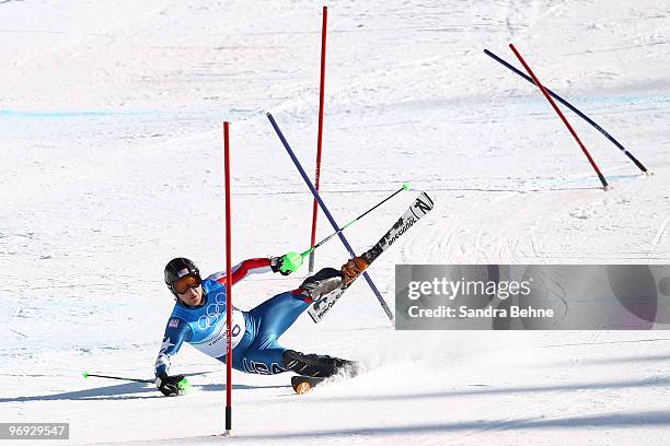 Andrew Weibrecht of the United States crashes during the Alpine Skiing Men's Super Combined Slalom on day 10 of the Vancouver 2010 Winter Olympics at...