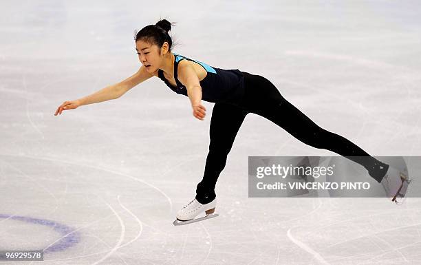 Yu Na Kim of Korea performs in her figure skating training session during the 2010 Winter Olympics at the Pacific Coliseum in Vancouver on February...