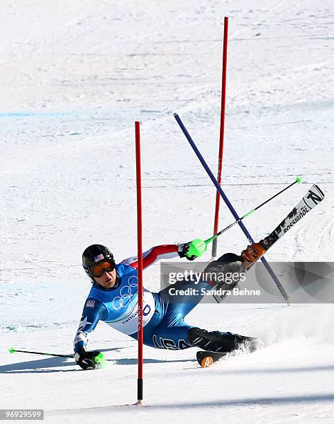 Andrew Weibrecht of the United States crashes during the Alpine Skiing Men's Super Combined Slalom on day 10 of the Vancouver 2010 Winter Olympics at...