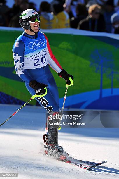 Bode Miller of the United States smiles at the finish during the Alpine Skiing Men's Super Combined Slalom on day 10 of the Vancouver 2010 Winter...