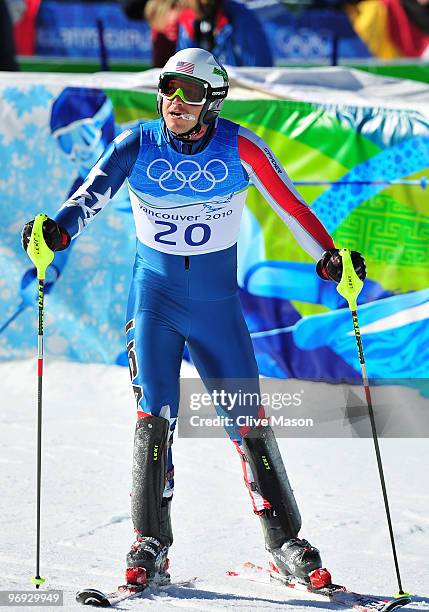 Bode Miller of the United States looks on at the finish during the Alpine Skiing Men's Super Combined Slalom on day 10 of the Vancouver 2010 Winter...