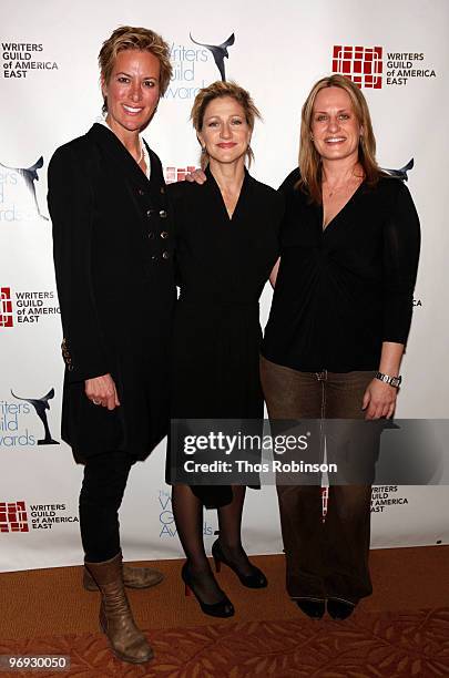 Liz Brixius, Edie Falco and Linda Wallem attend the 62 Annual Writers Guild Awards - Arrivals & Cocktail Party at the Millennium Broadway Hotel on...