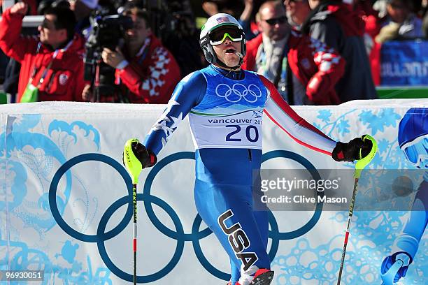 Bode Miller of the United States looks on at the finish during the Alpine Skiing Men's Super Combined Slalom on day 10 of the Vancouver 2010 Winter...