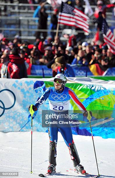 Bode Miller of the United States looks on at the finish during the Alpine Skiing Men's Super Combined Slalom on day 10 of the Vancouver 2010 Winter...