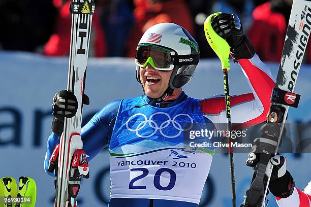 Bode Miller of the United States celebrates at the finish during the Alpine Skiing Men's Super Combined Slalom on day 10 of the Vancouver 2010 Winter...