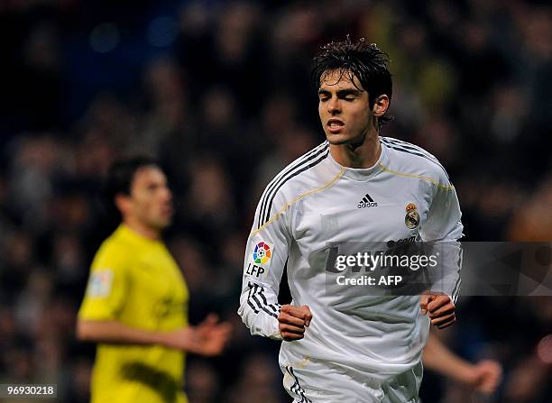 Real Madrid's Brazilian midfielder Kaka celebrates after scoring a goal against Villareal during their Spanish league football match at the Santiago...