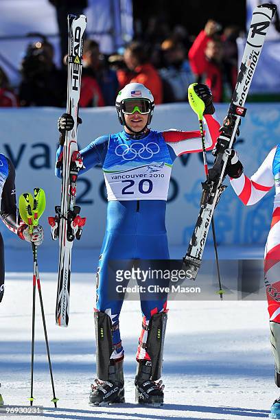 Bode Miller of the United States celebrates at the finish during the Alpine Skiing Men's Super Combined Slalom on day 10 of the Vancouver 2010 Winter...