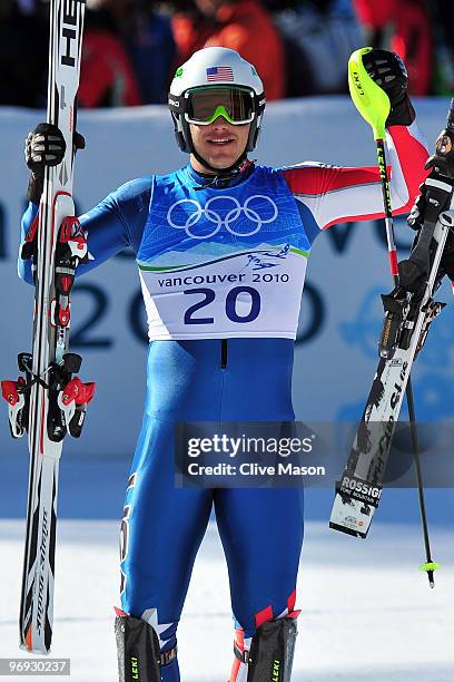 Bode Miller of the United States celebrates at the finish during the Alpine Skiing Men's Super Combined Slalom on day 10 of the Vancouver 2010 Winter...