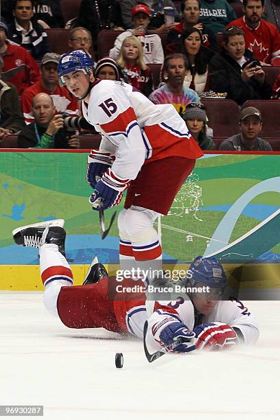 Tomas Kaberle of Czech Republic and Marek Zidlicky of Czech Republic looks at the puck during the ice hockey men's preliminary game between Russia...