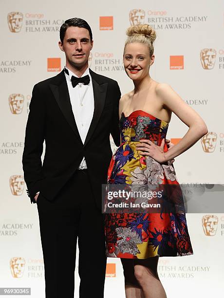 Matthew Goode and Romola Garai poses in the awards room during the Orange British Academy Film Awards 2010 at the Royal Opera House on February 21,...