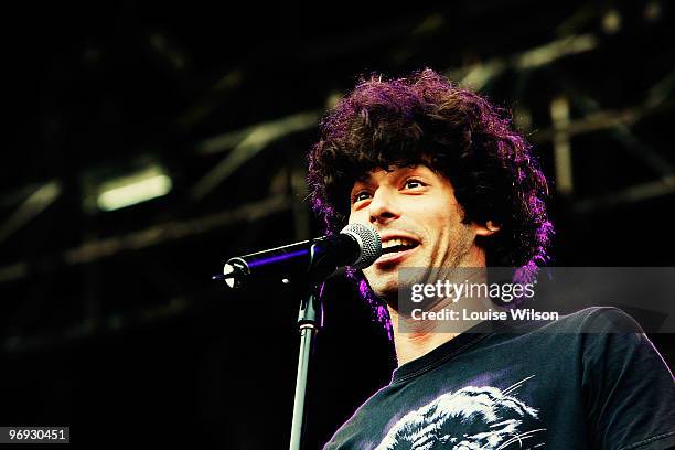 Jake Stone of 'Bluejuice' performs on stage on the fourth day of the Playground Weekender music festival at Wiseman's Ferry on February 21, 2010 in...