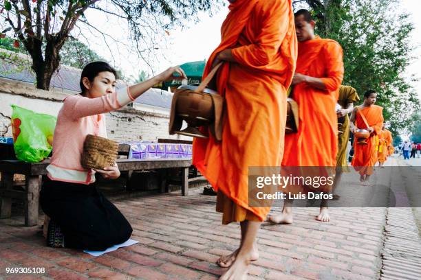 alms giving ceremony in luang prabang - cultura laosiana fotografías e imágenes de stock