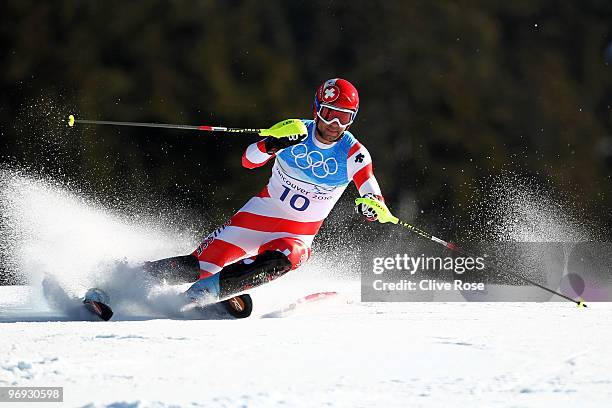 Didier Defago of Switzerland competes during the Alpine Skiing Men's Super Combined Slalom on day 10 of the Vancouver 2010 Winter Olympics at...