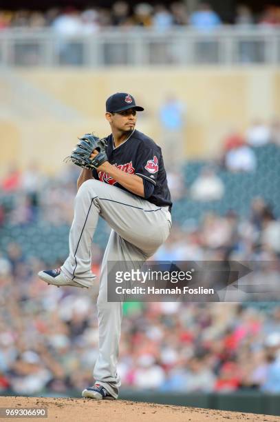 Carlos Carrasco of the Cleveland Indians delivers a pitch against the Minnesota Twins during the game on June 1, 2018 at Target Field in Minneapolis,...