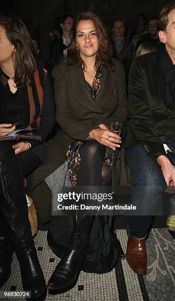 Tracey Emin poses on the front row at the Vivienne Westwood Red Label show for London Fashion Week Autumn/Winter 2010 at on February 21, 2010 in...