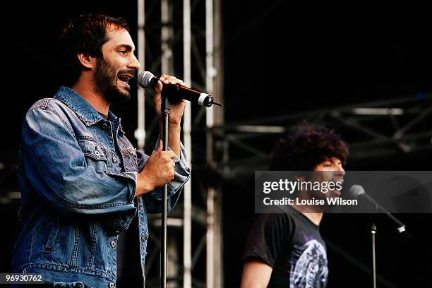 Stavros Yiannoukas and Jake Stone perform on stage on the third day of the Playground Weekender music festival at Wiseman's Ferry on February 21,...