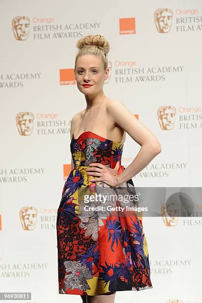 Romola Garai poses in the awards room during the Orange British Academy Film Awards 2010 at the Royal Opera House on February 21, 2010 in London,...