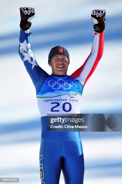 Gold medalist Bode Miller of the United States celebrates after the Alpine Skiing Men's Super Combined Slalom on day 10 of the Vancouver 2010 Winter...