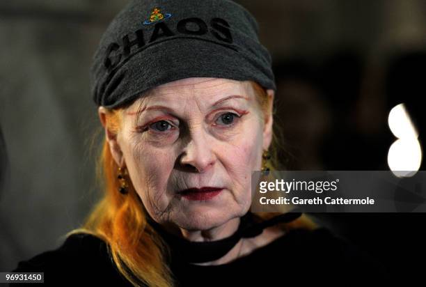 Designer Vivienne Westwood backstage before her Red Label fashion show during London Fashion Week on February 21, 2010 in London, England.