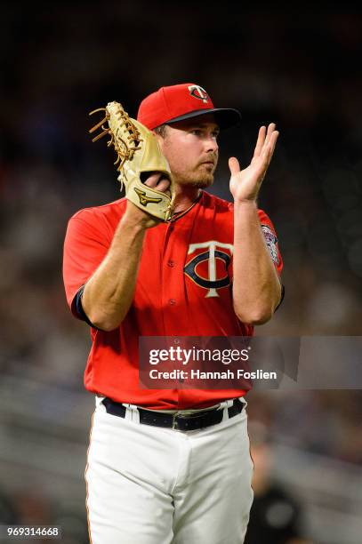 Zach Duke of the Minnesota Twins celebrates a play against the Cleveland Indians during the game on June 1, 2018 at Target Field in Minneapolis,...