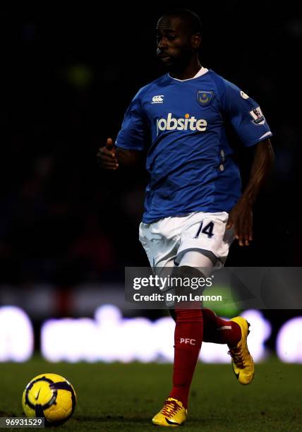 Quincy Owusu-Abeyie of Portsmouth in action during the Barclays Premier League match between Portsmouth and Stoke City at Fratton Park on February...