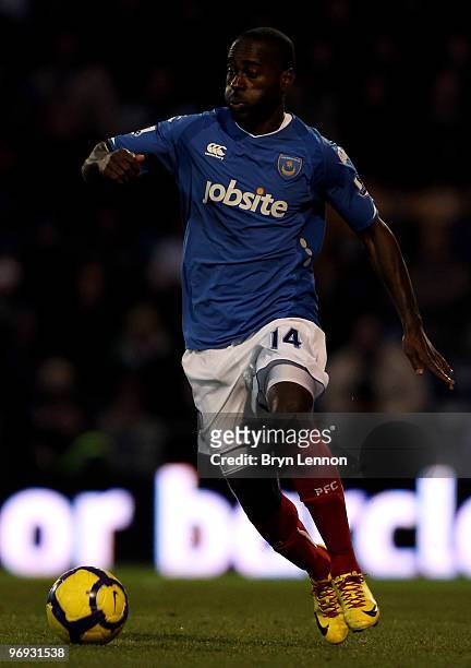 Quincy Owusu-Abeyie of Portsmouth in action during the Barclays Premier League match between Portsmouth and Stoke City at Fratton Park on February...