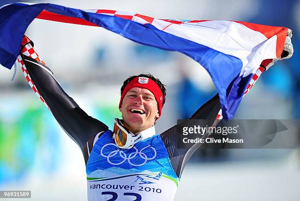 Silver medalist Ivica Kostelic of Croatia celebrates after the Alpine Skiing Men's Super Combined Slalom on day 10 of the Vancouver 2010 Winter...