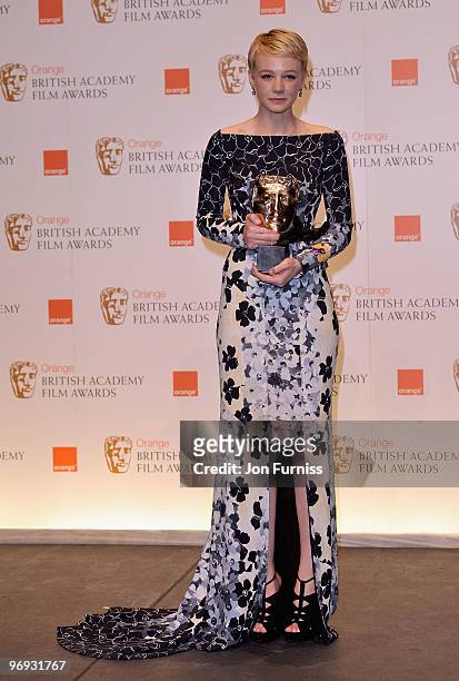 Actress Carey Mulligan with the award for Best Actress for the film "An Education" during the Orange British Academy Film Awards 2010 at the Royal...