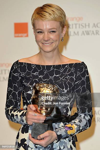 Actress Carey Mulligan with the award for Best Actress for the film "An Education" during the Orange British Academy Film Awards 2010 at the Royal...