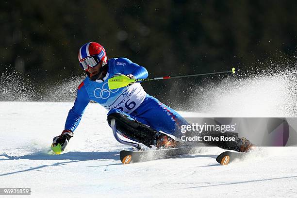 Adrien Theaux of France competes during the Alpine Skiing Men's Super Combined Slalom on day 10 of the Vancouver 2010 Winter Olympics at Whistler...