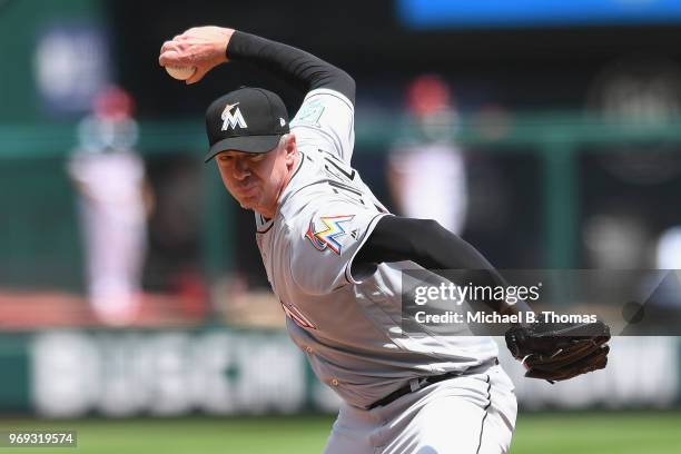 Brad Ziegler of the Miami Marlins pitches in the sixth inning against the St. Louis Cardinals at Busch Stadium on June 7, 2018 in St Louis, Missouri.