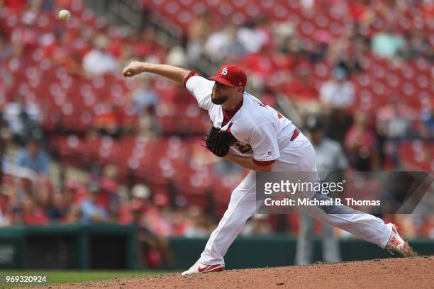 Bud Norris of the St. Louis Cardinals pitches in the ninth inning against the Miami Marlins at Busch Stadium on June 7, 2018 in St Louis, Missouri.