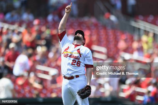 Bud Norris of the St. Louis Cardinals celebrates after defeating the Miami Marlins 4-1 at Busch Stadium on June 7, 2018 in St Louis, Missouri.