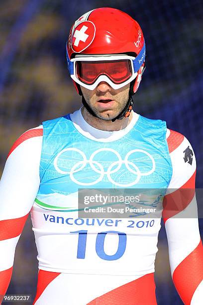 Didier Defago of Switzerland competes during the Alpine Skiing Men's Super Combined Slalom on day 10 of the Vancouver 2010 Winter Olympics at...