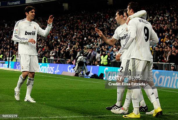 Gonzalo Higuain celebrates his goal with Cristiano Ronaldo , Alvaro Arbeloa and Kaka during the La Liga match between Real Madrid and Villarreal at...