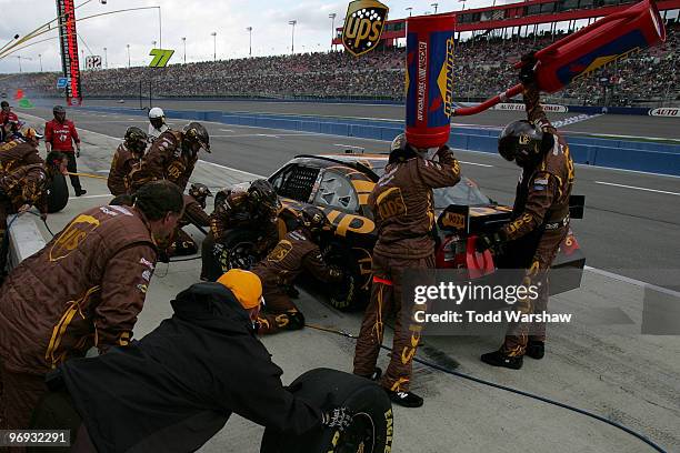 David Ragan pits the UPS Ford during the NASCAR Sprint Cup Series Auto Club 500 at Auto Club Speedway on February 21, 2010 in Fontana, California.