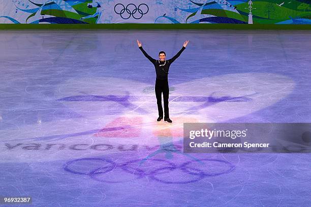 Evan Lysacek of the United States celebrates after winning the gold medal in the men's figure skating free skating on day 7 of the Vancouver 2010...