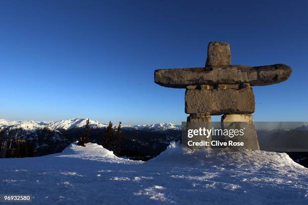 An Inukshuk, symbol of the 2010 Olympic Winter Games is pictured ahead of the Alpine Skiing Men's Super Combined Downhill on day 10 of the Vancouver...