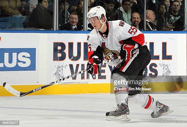 Brian Lee of the Ottawa Senators skates against the New York Islanders on February 14, 2010 at Nassau Coliseum in Uniondale, New York.