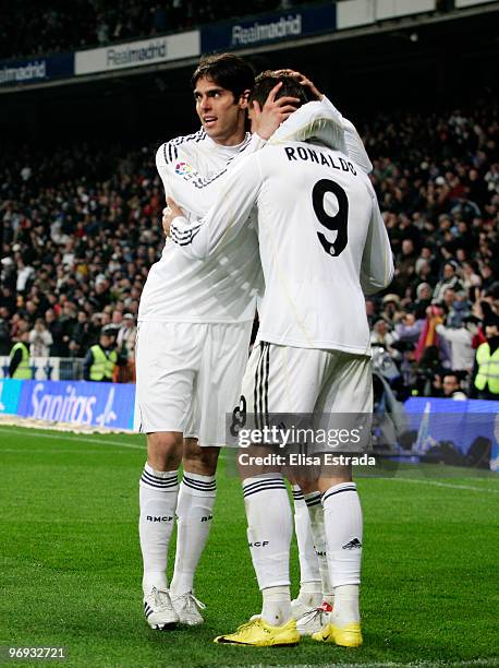 Kaka and Cristiano Ronaldo celebrate during the La Liga match between Real Madrid and Villarreal at Estadio Santiago Bernabeu on February 21, 2010 in...
