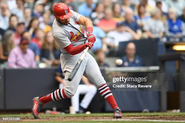 Tommy Pham of the St. Louis Cardinals at bat during a game against the Milwaukee Brewers at Miller Park on May 29, 2018 in Milwaukee, Wisconsin. The...