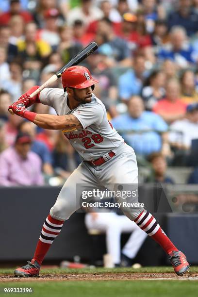 Tommy Pham of the St. Louis Cardinals at bat during a game against the Milwaukee Brewers at Miller Park on May 29, 2018 in Milwaukee, Wisconsin. The...