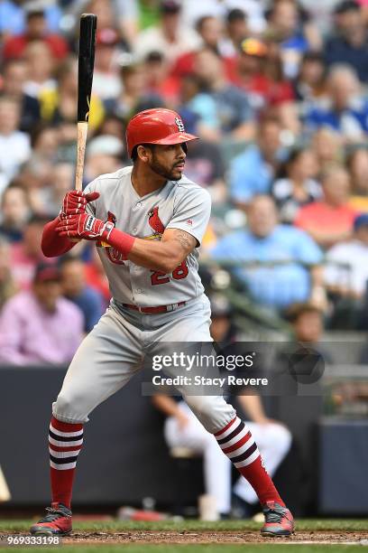 Tommy Pham of the St. Louis Cardinals at bat during a game against the Milwaukee Brewers at Miller Park on May 29, 2018 in Milwaukee, Wisconsin. The...