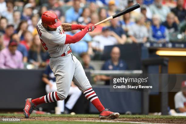 Tommy Pham of the St. Louis Cardinals at bat during a game against the Milwaukee Brewers at Miller Park on May 29, 2018 in Milwaukee, Wisconsin. The...