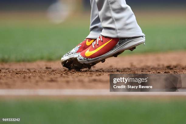 Detailed view of the Nike cleats worn by Dexter Fowler of the St. Louis Cardinals during a game against the Milwaukee Brewers at Miller Park on May...